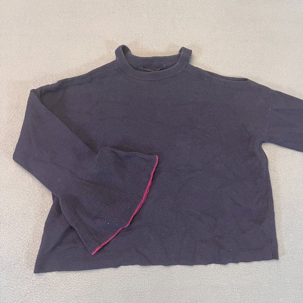 Anthropologie Knitted & Knotted Navy Knit Cold Shoulder Sweater Sz Sm Bell Sleve